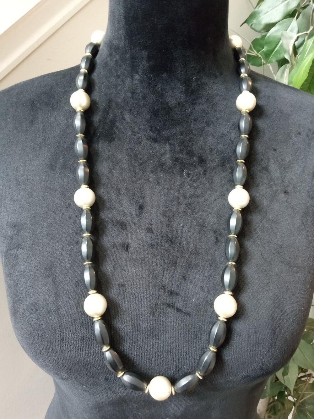 Vintage Black & White Beaded Necklace Long Graduated Statement Strand Necklace